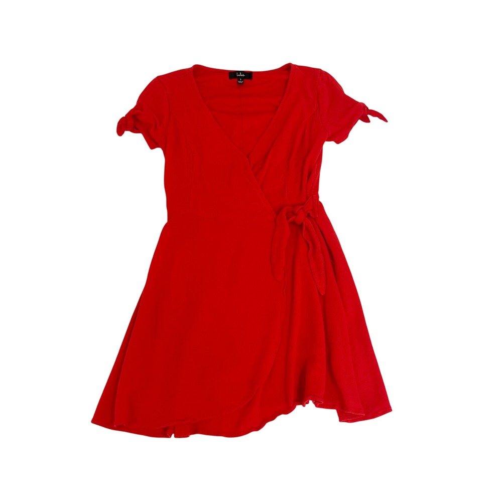 Lulus My‎ Philosophy Red Wrap Dress Short Sleeve V-Neck Mini - Size Small